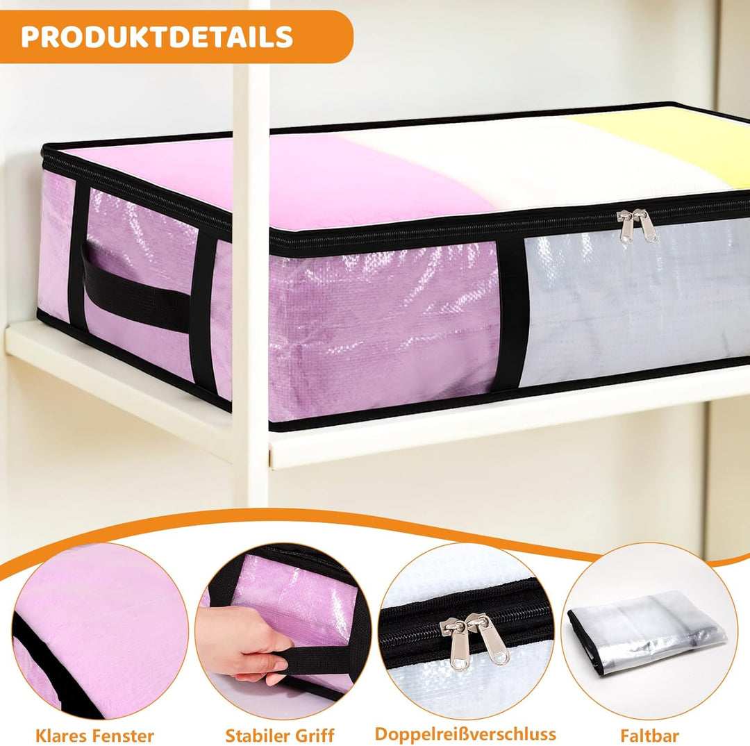 4 Stück 60L Unterbett Aufbewahrungsbox mit Deckel, Transparente Unterbettkommode Faltbare Aufbewahru