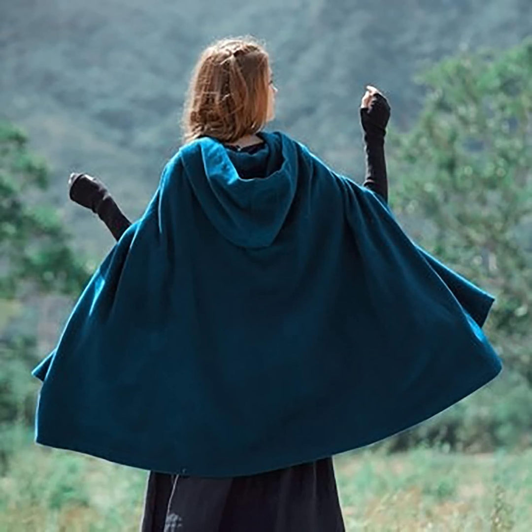 Wollen Umhang mit Kapuze Damen Vintage Einfarbig Poncho Robe Halloween Kostüm Leichte Trenchcoat Win