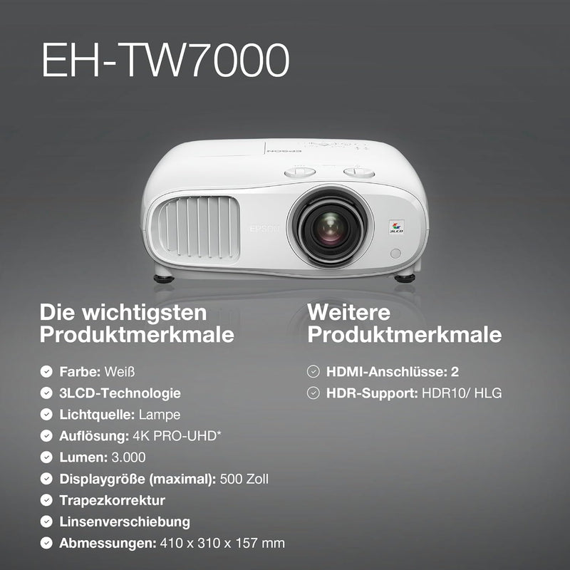 Epson EH-TW7000 4K Pro-UHD 3LCD-Beamer (3.000 Lumen Weiss- und Farbhelligkeit, Kontrastverhältnis 40