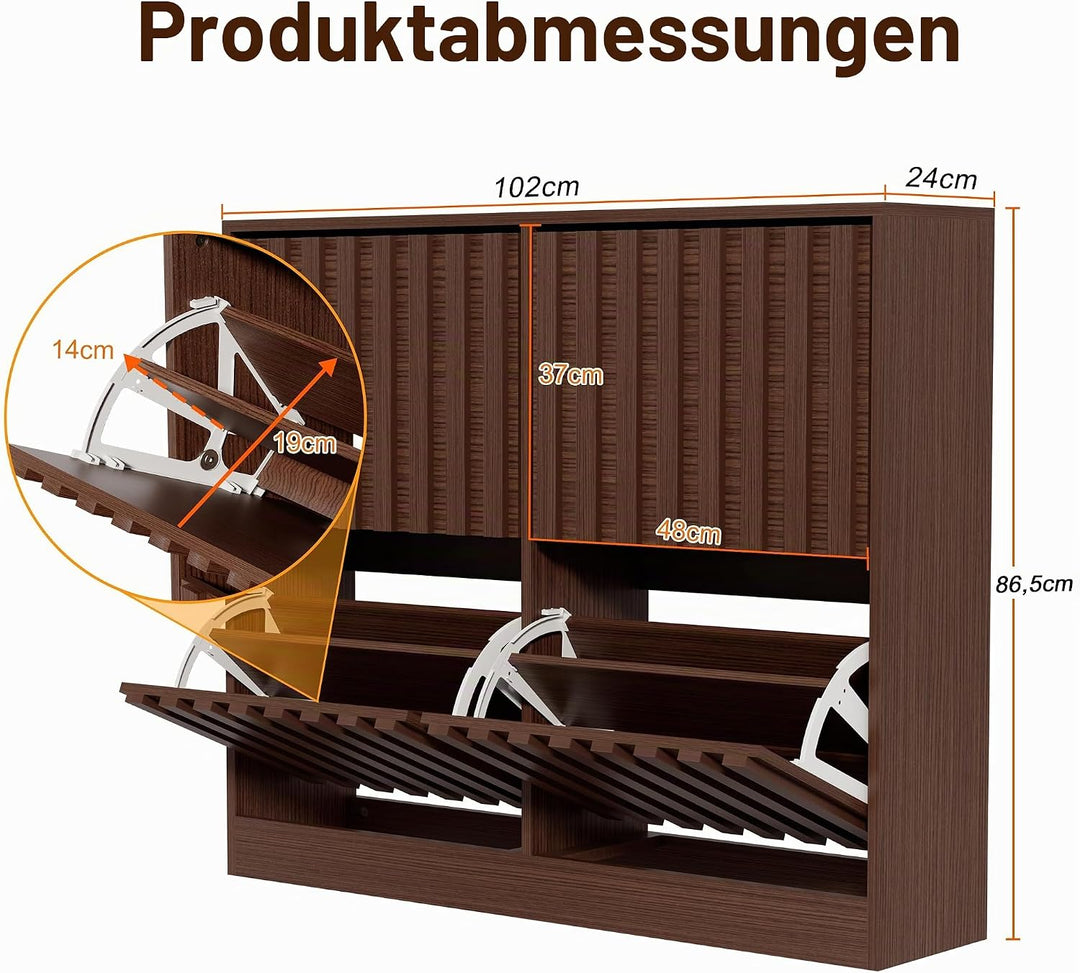 UEV Schuhschrank mit 4 Klappen Holz Schmal Schuhkipper Schuhkommode mit Kippschutz, Schuhaufbewahrun