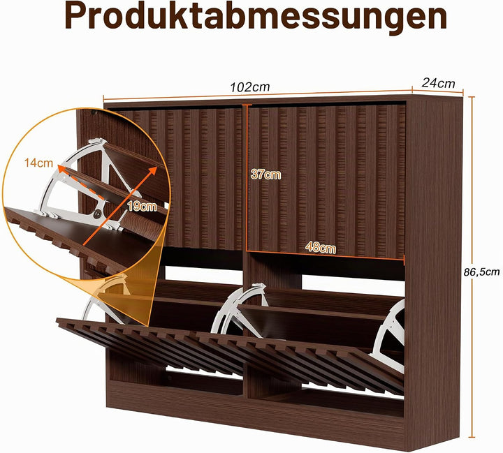 UEV Schuhschrank mit 4 Klappen Holz Schmal Schuhkipper Schuhkommode mit Kippschutz, Schuhaufbewahrun