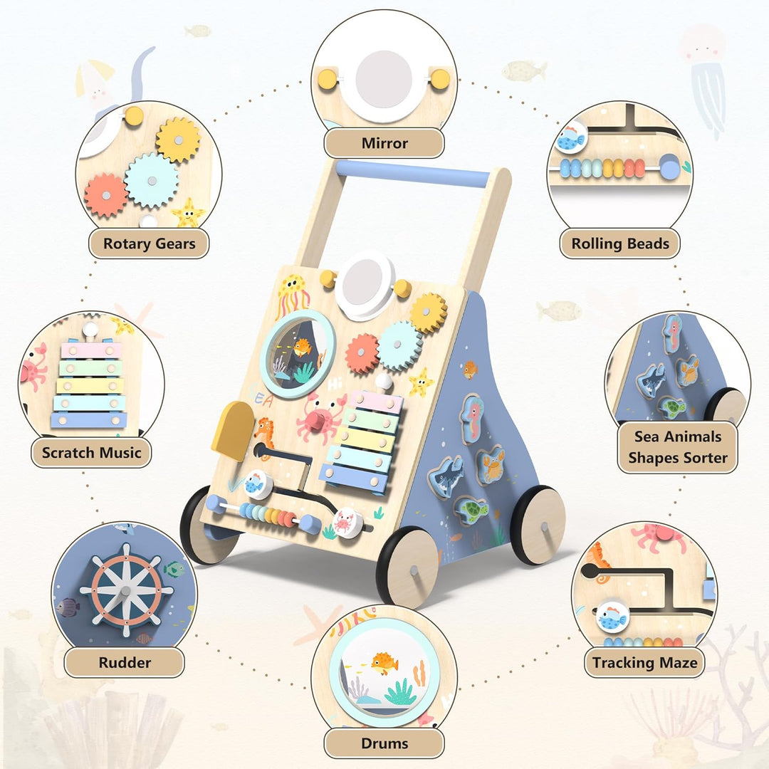 Lauflernwagen Holz, Ozean Baby Lauflernhilfe mit Multifunktional Montessori Spielzeug, Holzspielzeug