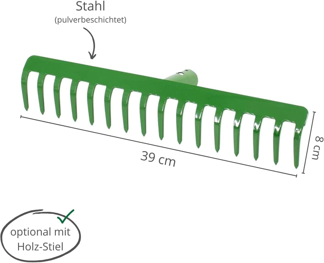 Rekord Gartenrechen (Stahl, pulverbeschichtet) - 16 Zinken Breite 39 cm - ohne Stiel, Laubrechen, Ra