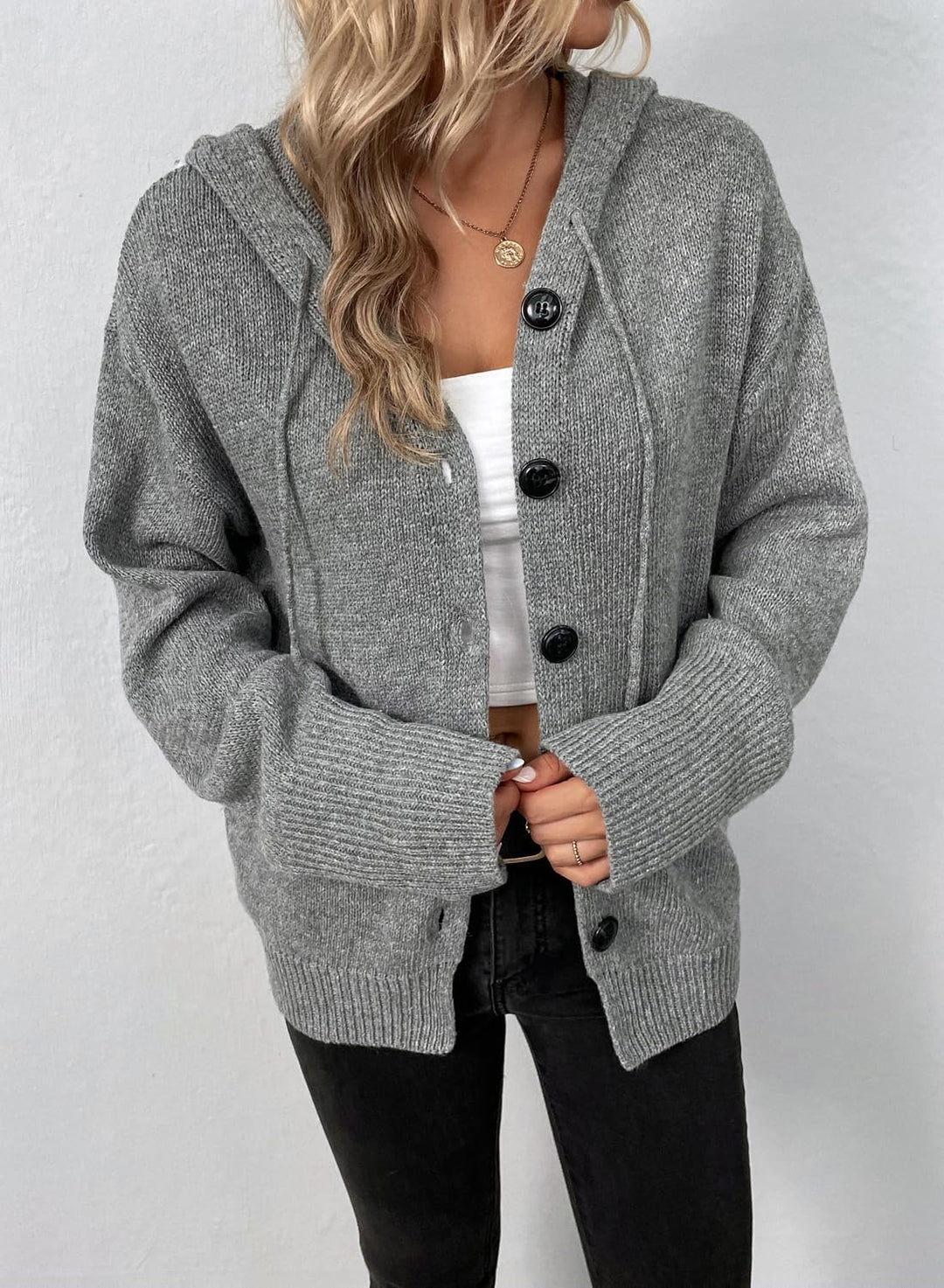 Vcindai Damen Langarm Grobstrickjacke Kurz Strickjacke Herbst Winter Strickmantel mit Kapuze S Grau,