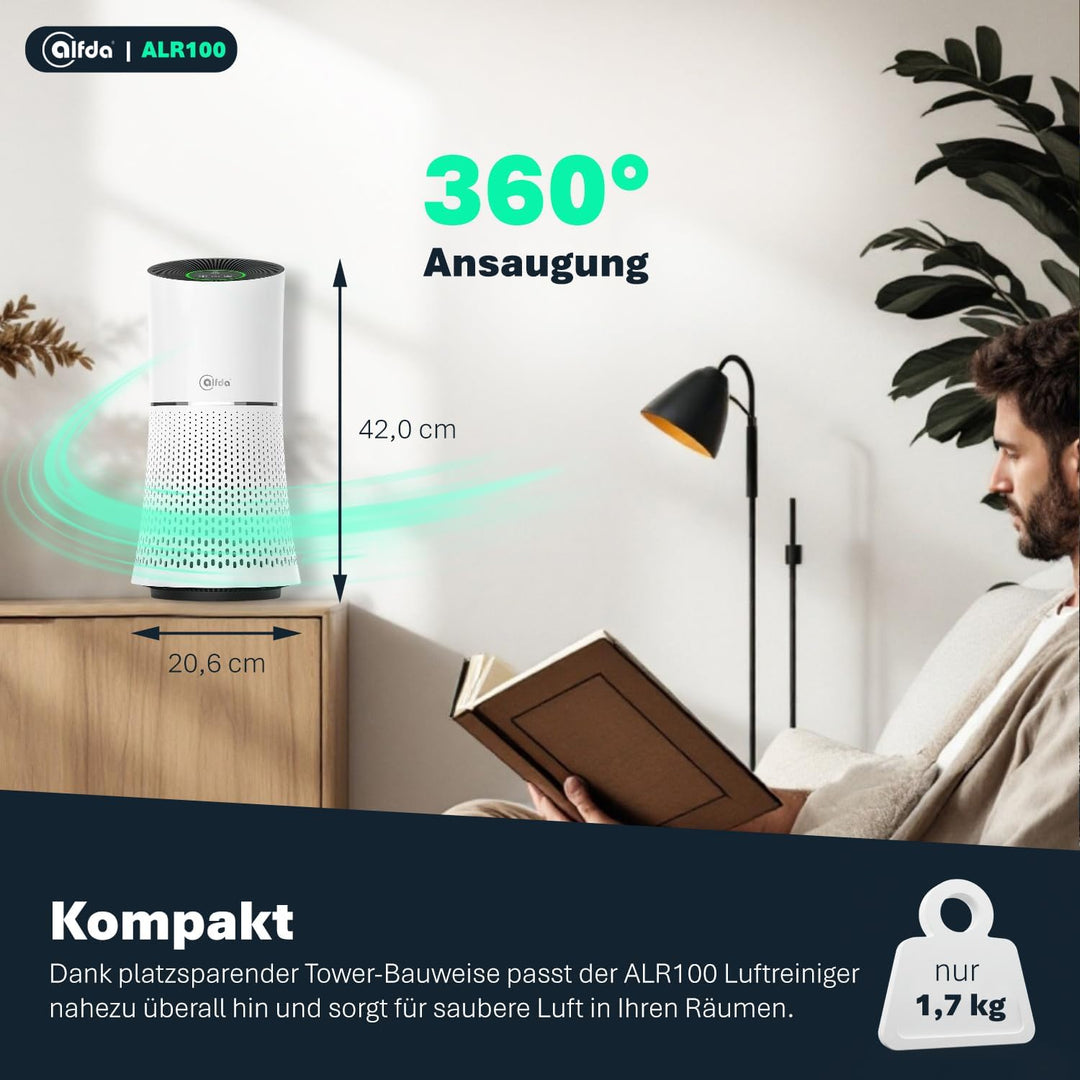 HEPA Luftreiniger alfda ALR100 mit 4in1 Multi-Filter, Ionisator, 150m³/h, bis 20 m², leiser SLEEP-Mo