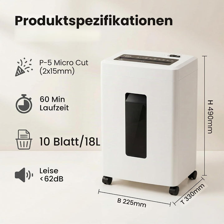 Schredder Papier Aktenvernichter Elektrisch: 10-Blatt Papierschredder Mikroschnitt P5 Hochsicherheit