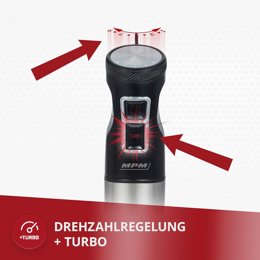 MPM MBL-34M Stabmixer Set 1500W - Pürierstab mit Behälter, 9 Geschwindigkeitsstufen, Edelstahlgehäus