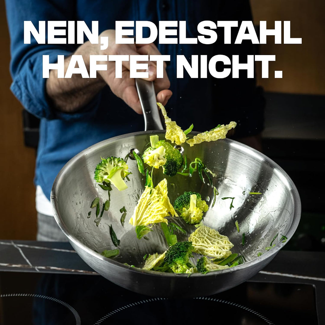 Atma - Wok Edelstahl 24 cm - 3-lagig - mit Deckel - PFAS- &amp; PTFE-frei | Genieteter Griff - Edelstahl