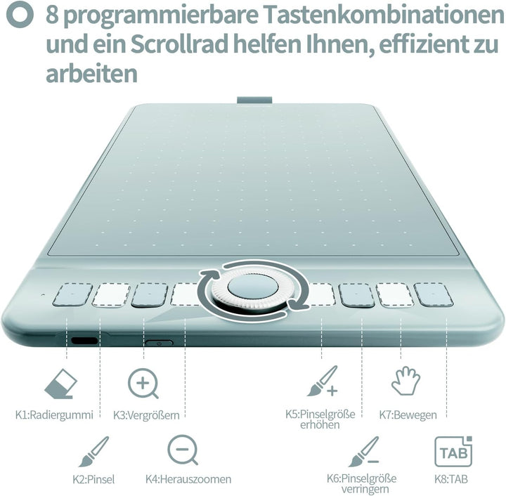 GAOMON WH851 Drahtloses Grafiktablett, Batteriefreier AP519 Digitaler Stift, 8 Programmierbare Druck
