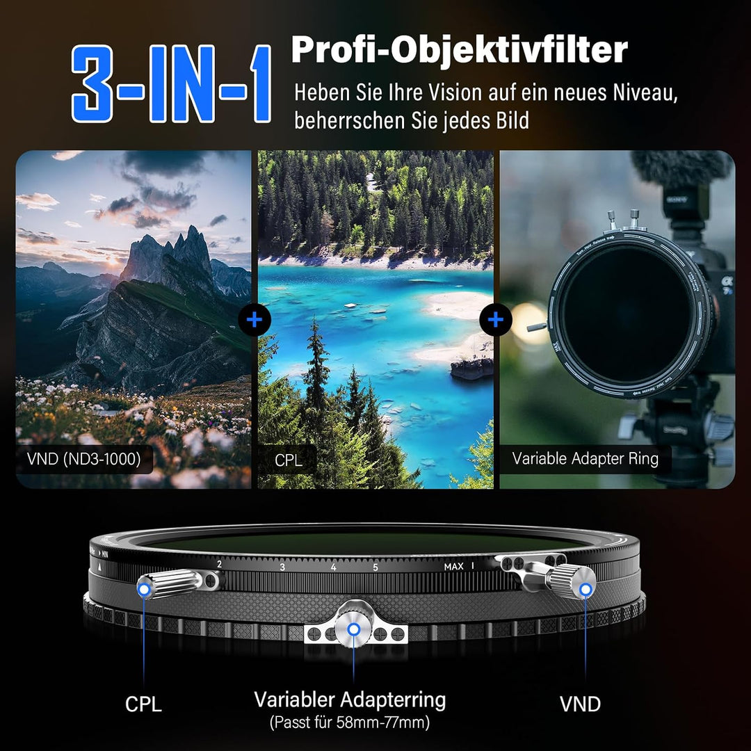 H&amp;Y RevoRing Mark II 58-77 mm Verstellbarer Multi-Fit VND + CPL Filter, 3-in-1 Variabler ND3-1000 &amp;