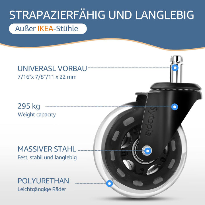 Sytopia Gummirollen Bürostuhl 11mm x 22 mm, 5er Set Rollen für Bürostühle, Parkett Rollen Bürostuhl