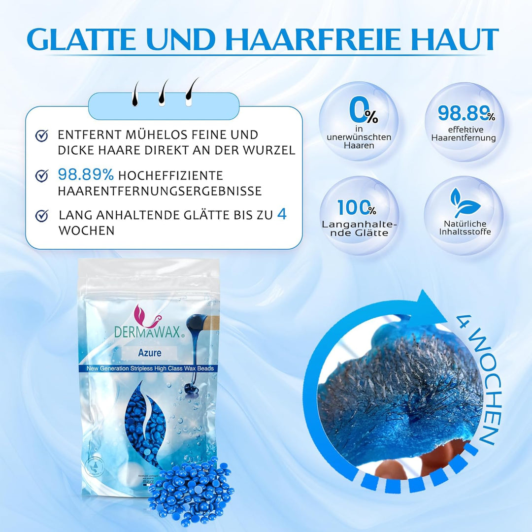 Dermawax 800 Gramm Azure Vegan Waxing Perlen zur Haarentfernung Intimbereich Bikinizone Achseln Rück