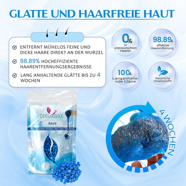 Dermawax 800 Gramm Azure Vegan Waxing Perlen zur Haarentfernung Intimbereich Bikinizone Achseln Rück