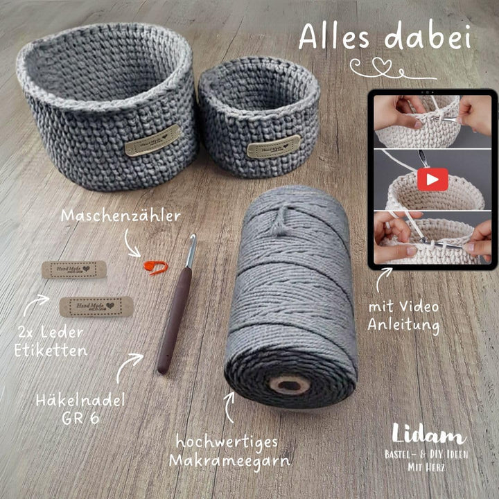 LIDAM 2 Körbe häkeln aus Baumwollgarn| Häkelset für Anfänger +Videoanleitung | Baumwollstrickschlauc
