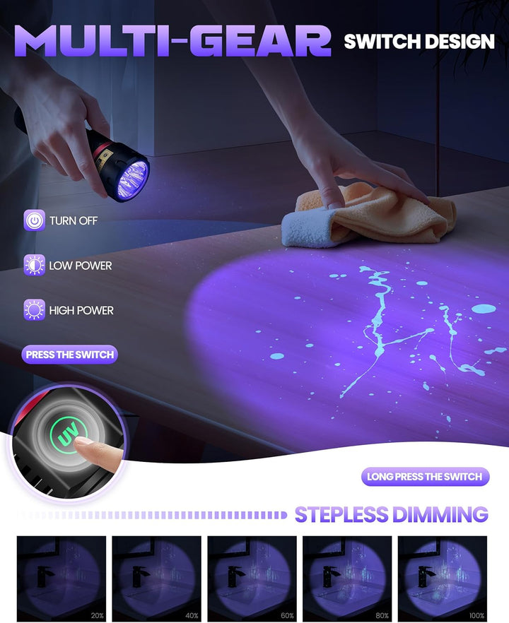 DARKBEAM UV Taschenlampe Schwarzlicht 395nm, 6xLED [4-Core] Taschenlampen Ultraviolett Aufladbar 80W