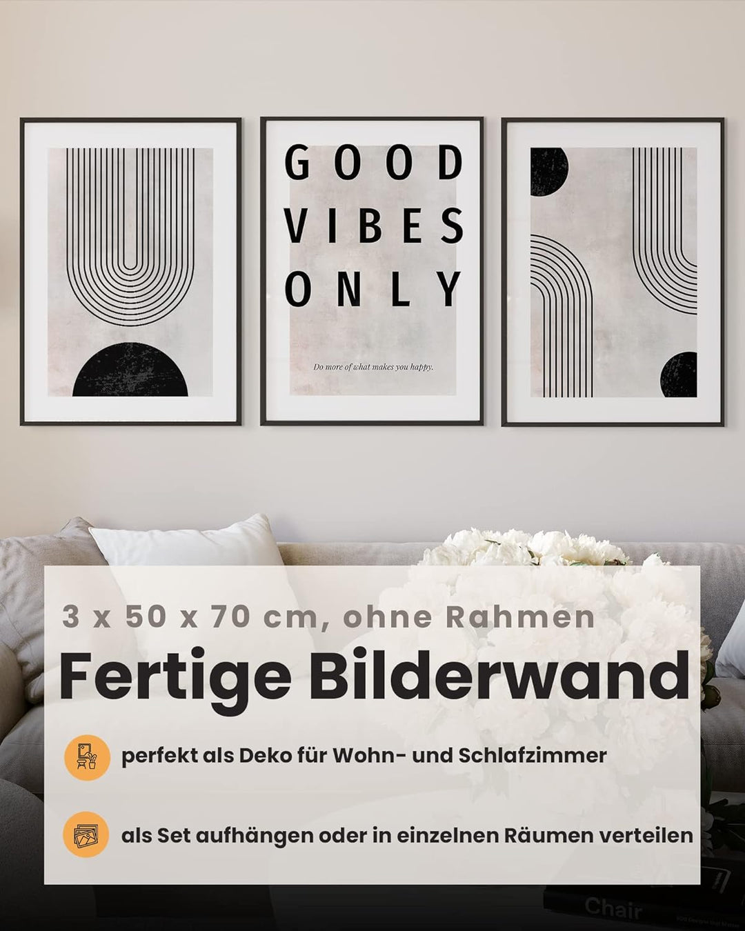 MUUDLY® Premium Poster 50x70 cm 3er Set, Grosse Bilder als Wanddeko, Moderne Wandbilder Hochformat (