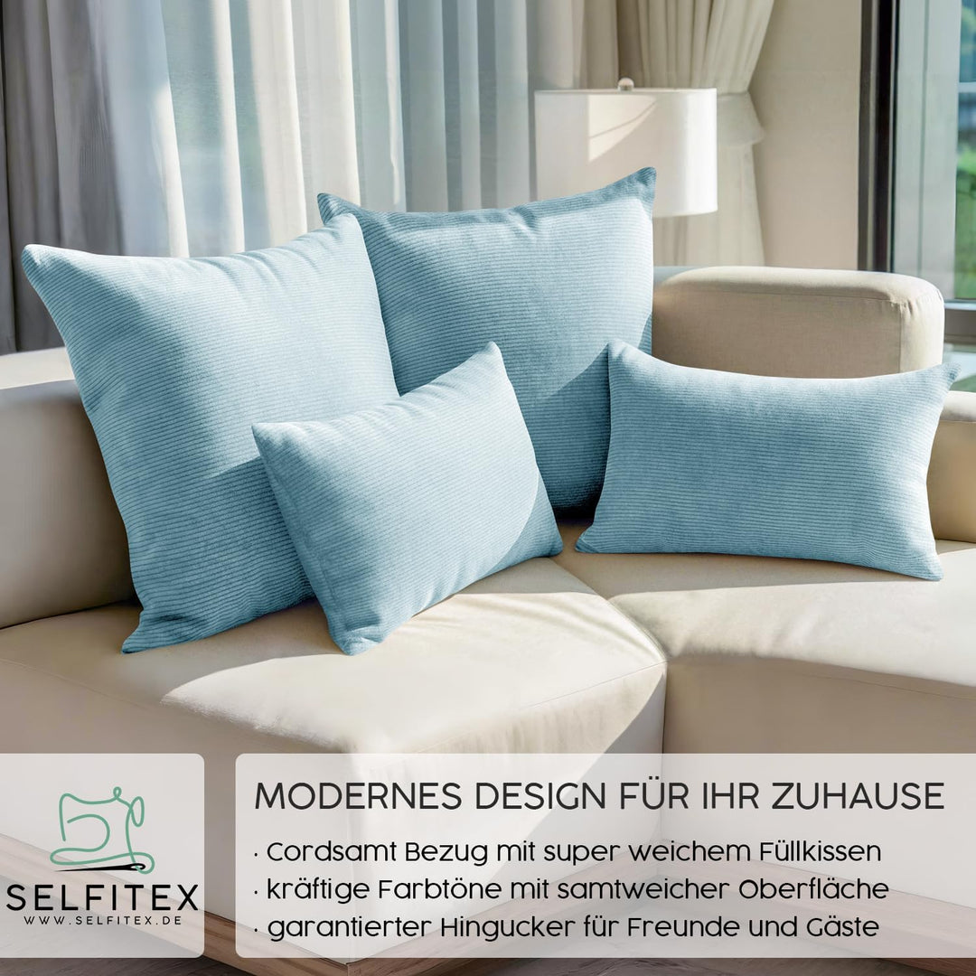 4er Set Cord Sofakissen 2X 30x50 + 2X 50x50, Couchkissen inkl. Füllkissen, samtiger Kissenbezug mit