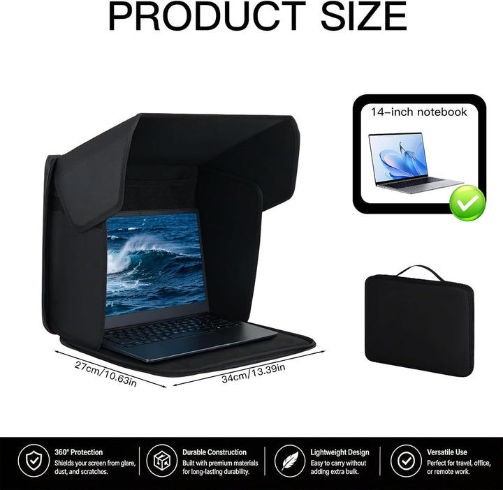 Laptop Sonnenschutz 14″ - Tragbare Bildschirm Sonnenblende &amp; 2-in-1 Laptoptasche - Effektiver Blend-