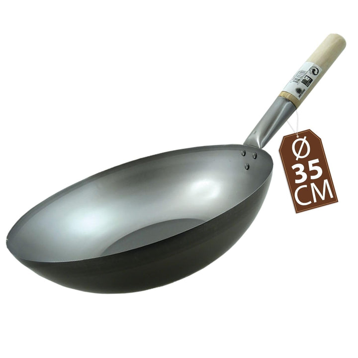 JADE TEMPLE Wok aus Carbonstahl, mit flachem Boden und 35 cm Durchmesser, mit rundem Holzgriff Durch