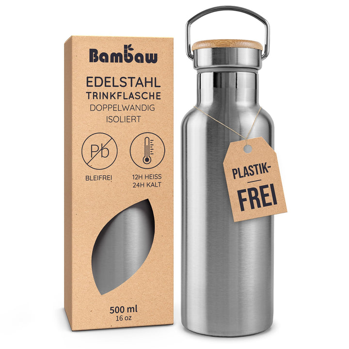 Bambaw Edelstahl Trinkflasche 500ml, Thermosflasche 500ml, Metall Flasche, Trinkflasche Plastikfrei,