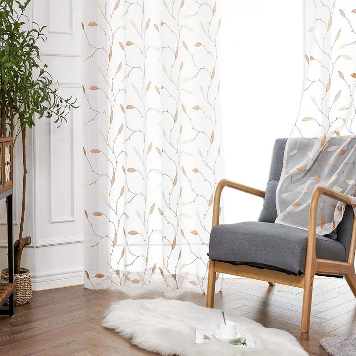 TOPICK Sheer Vorhang Voile Gardinen mit Ösen Blätter Stickerei lichtdurchlässig Ösenschal Gaze Paari