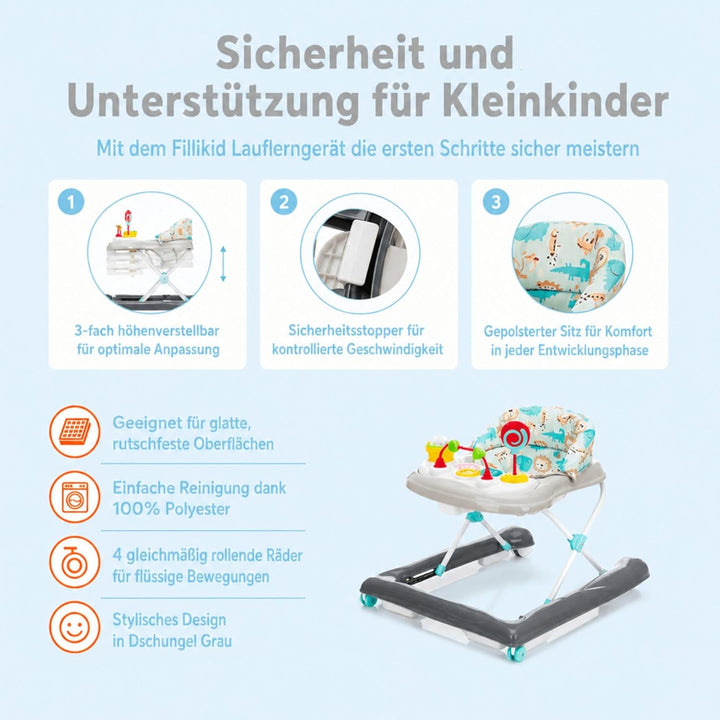 Fillikid Lauflerngerät höhenverstellbar 3-fach mit Sicherheitsstopper | 4 Rollen, ergonomischer Sitz