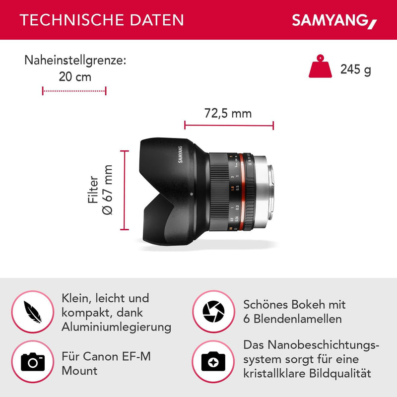 Samyang 12mm F2.0 Canon M schwarz - APS-C Weitwinkel Festbrennweite Objektiv für Canon M, manueller