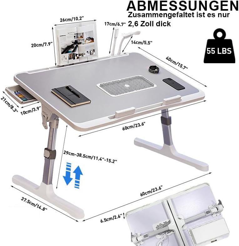 Laptoptisch fürs Bett, 5-Höhenverstellbar, Winkelverstellbar, Betttisch Klappbar mit Laptop Kühler,