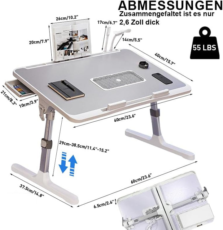 Laptoptisch fürs Bett, 5-Höhenverstellbar, Winkelverstellbar, Betttisch Klappbar mit Laptop Kühler,