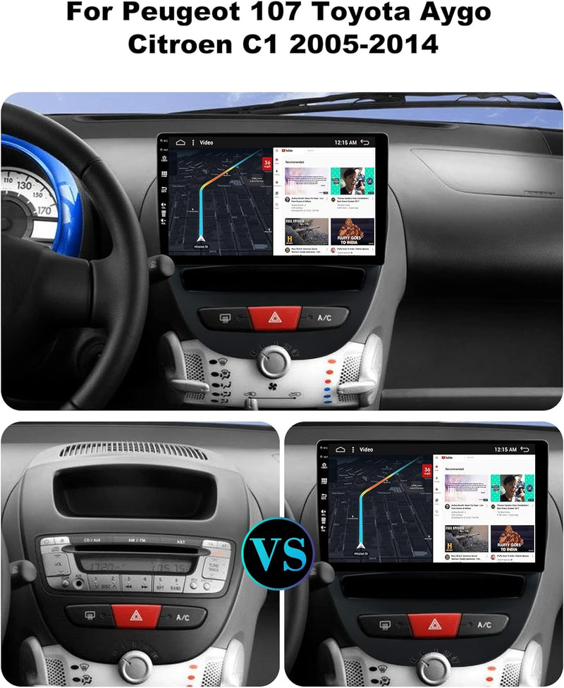 SXAUTO - 6G+128G - Android 12 IPS Autoradio für Toyota Aygo/Peugeot 107/Citroen C1 (2005-2014) - Ein