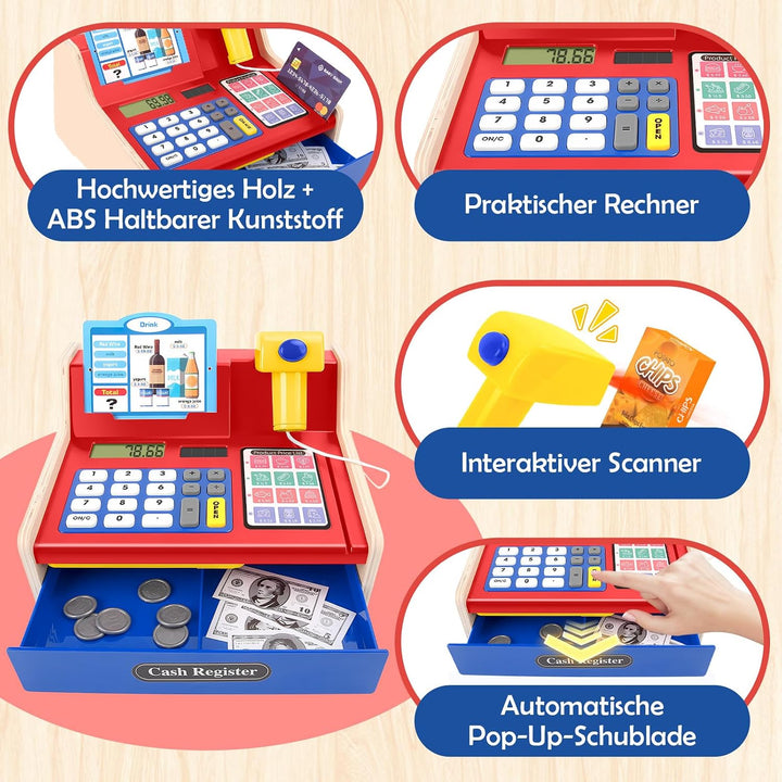 JONRRYIN Holz Kasse Kinder Spielzeug, Spielkasse Kinderkasse mit Scanner &amp; Sound, Spielgeld Einkaufs