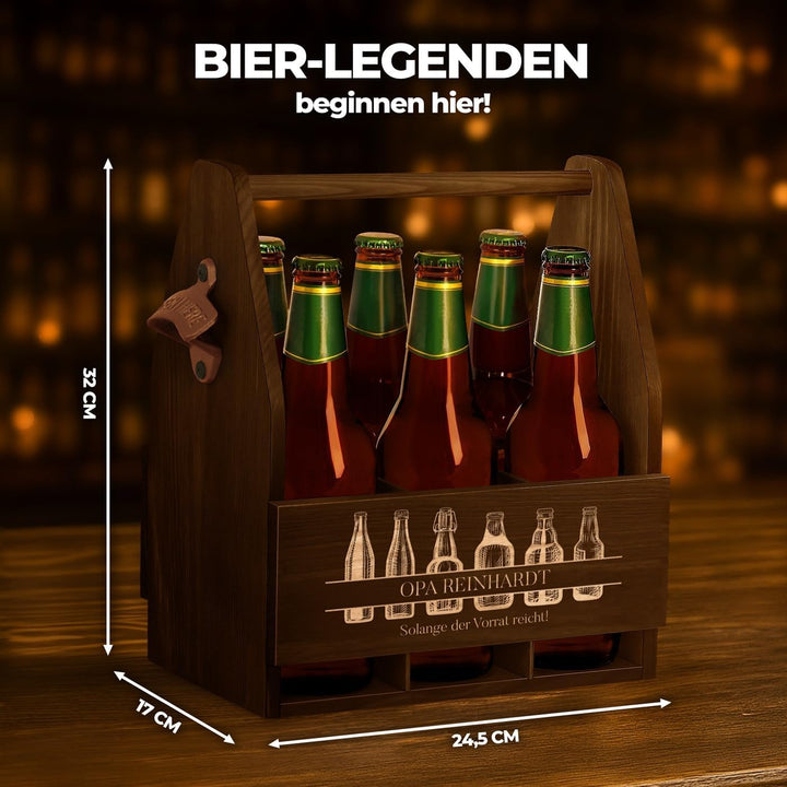Maverton Bierträger für 6 Flaschen 0,5L + Gravur - Männerhandtasche mit Flaschenöffner - Grösse: 25x