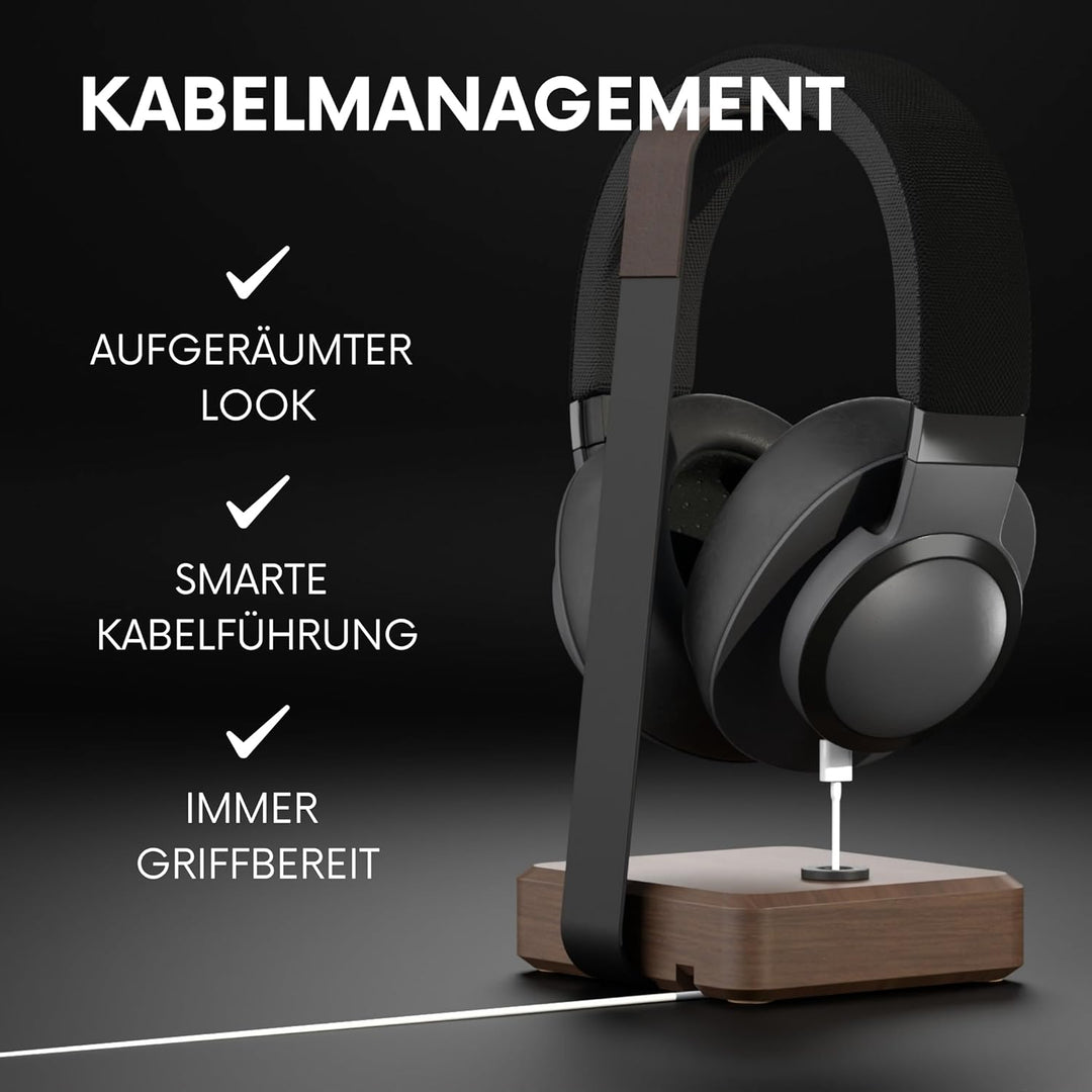 Headset Halterung aus Nussbaumholz – Kopfhörer Halterung mit schwerem Stahlblech & Lederauflage – Ko