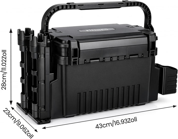 2-stöckig Gross Angelkoffer Tackle Box mit Rutenhalter & Becherhalter, klappbarem Tragegriff, 43×23×