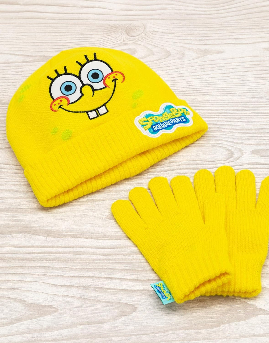SPONGEBOB SQUAREPANTS Hut und Handschuhe Kinder gelbe gestrickte Winterleiste