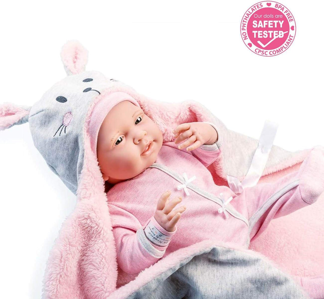 JC TOYS - Newborn Puppe 38 cm aus weichem Vinyl, inklusive Strampler und 5 Accessoires, Rosa, entwor