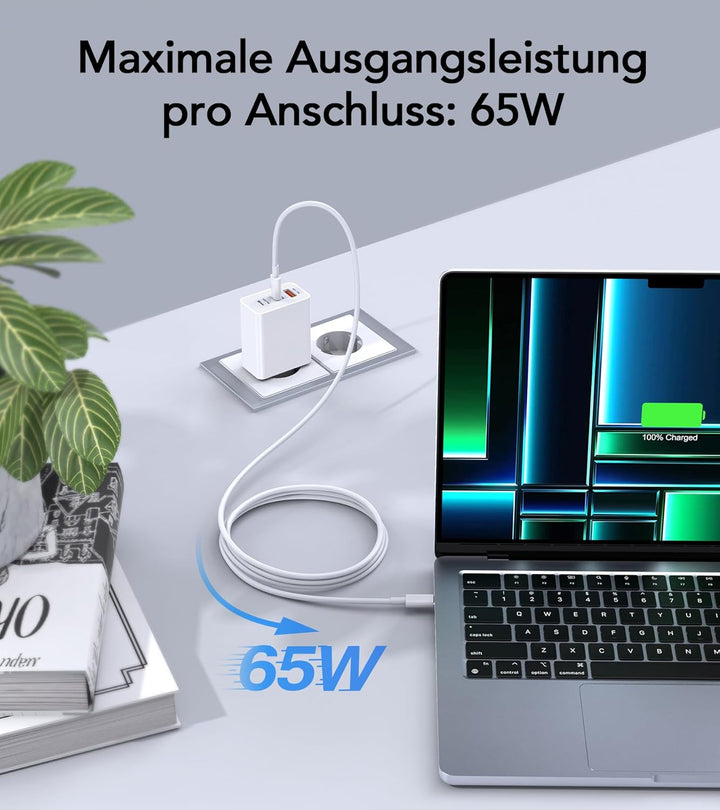 3 IN 1 USB C Ladegerät, 65W USB Schnellladegerät mit Ladekabel 2M, PD&QC USB C Netzteil für MacBook