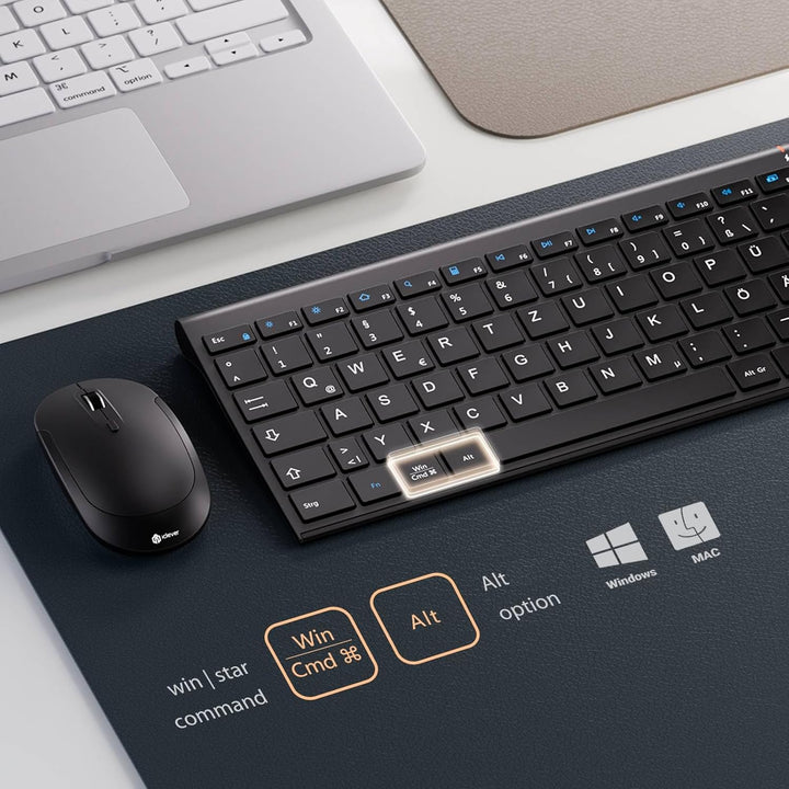 iClever 2.4G Tastatur Maus Set Kabellos, Aluminium Wireless Slim Tastatur QWERTZ Layout (Deutsch), f