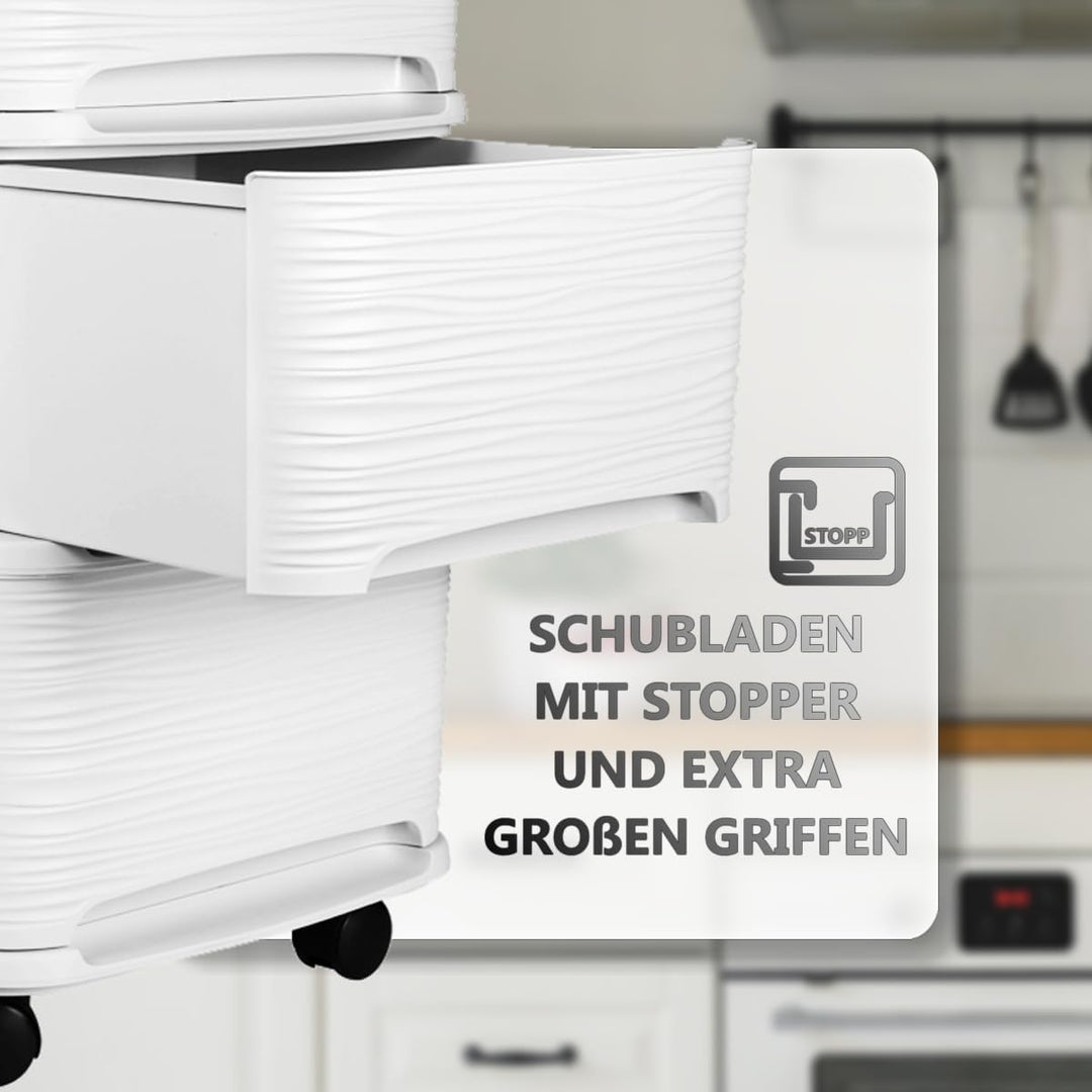 Schubladenschrank mit Rollen Rollcontainer mit 3 Schubladen Rollschrank Kunststoff Rollwagen (Weiss)