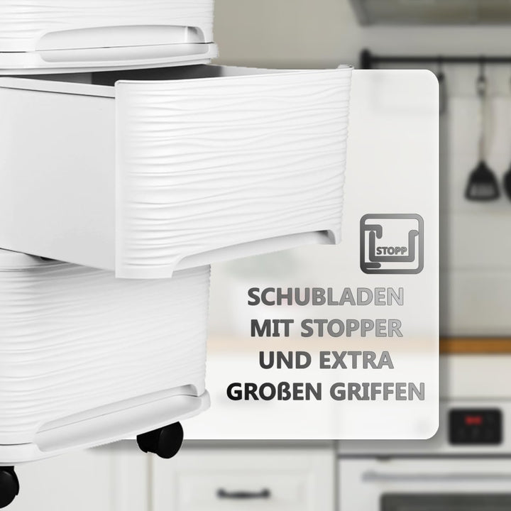 Schubladenschrank mit Rollen Rollcontainer mit 3 Schubladen Rollschrank Kunststoff Rollwagen (Weiss)