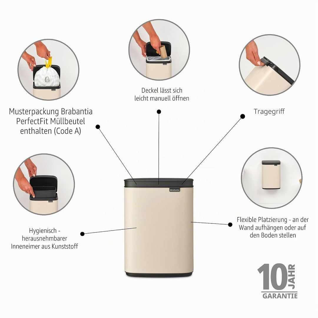 Brabantia Bo Mülleimer 4 l | Kompakter rechteckiger Mülleimer mit Softclose-Deckel, herausnehmbarer