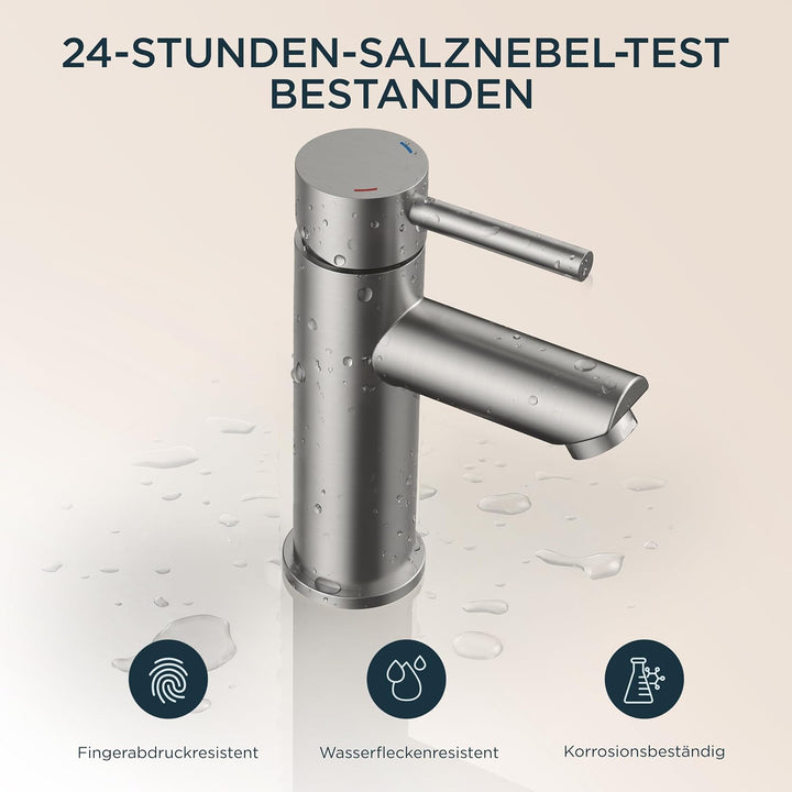 FORIOUS® Wasserhahn Bad mit Ablaufgarnitur, Edelstahl Waschbeckenarmatur mit Auslaufhöhe 85MM, Einhe