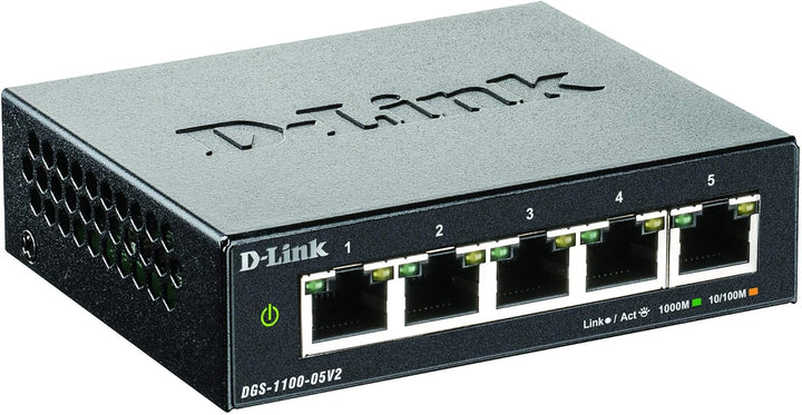 D-Link DGS-1100-05V2 5-Port Gigabit Smart Switch (10/100/1000 Mbit/s, lüfterlos, Metallgehäuse), Sch