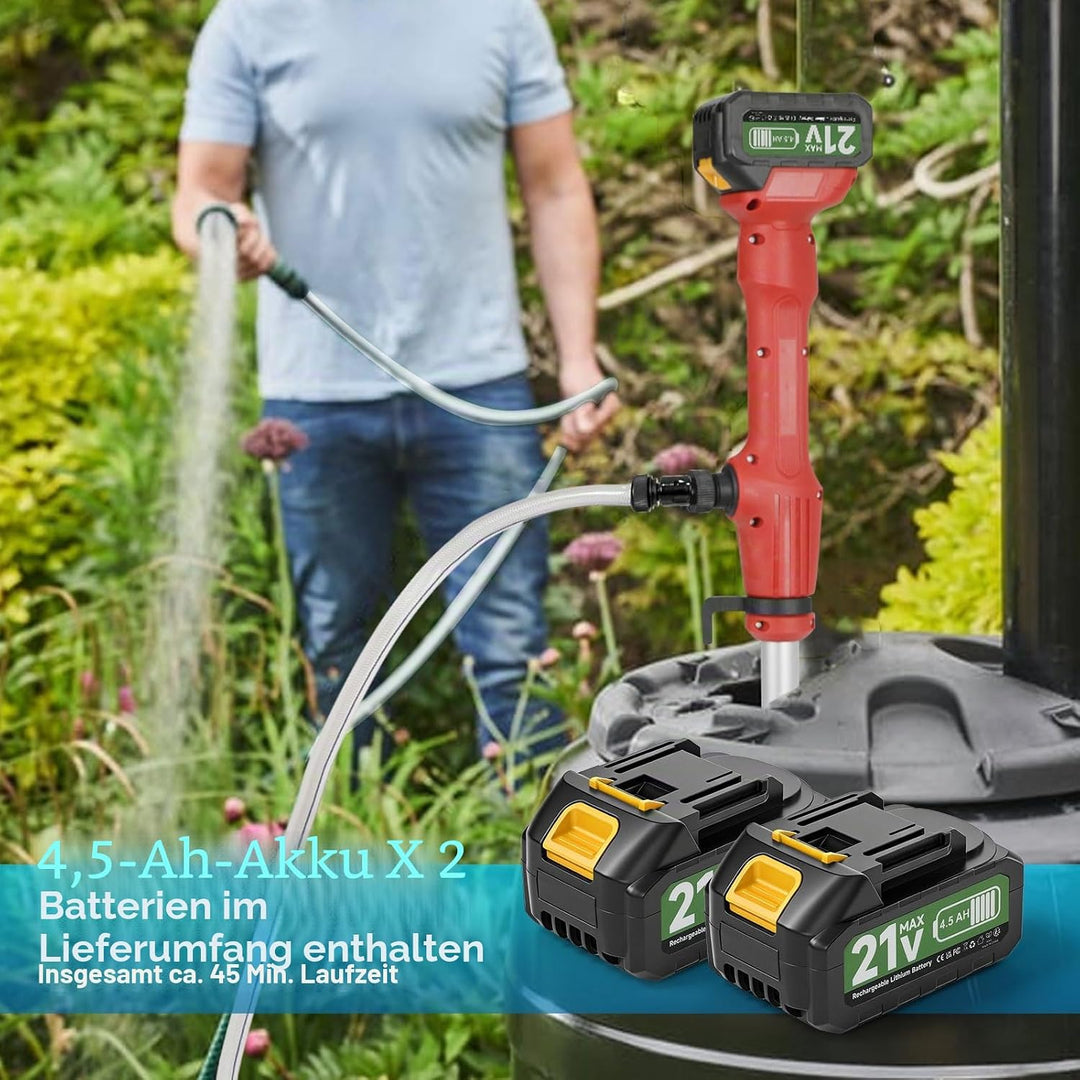 Akku-Regenfasspumpe, Kabellose Stangen Wasserpumpe mit 2 x 4,5 Ah Akku, 11000 U/min, 2725 L/H Förder