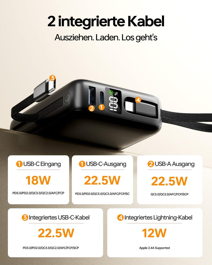 26800mAh Power Bank, PD 22,5W Powerbank mit Integriertem USB C Kabel | Schnellladen Externe Handyakk