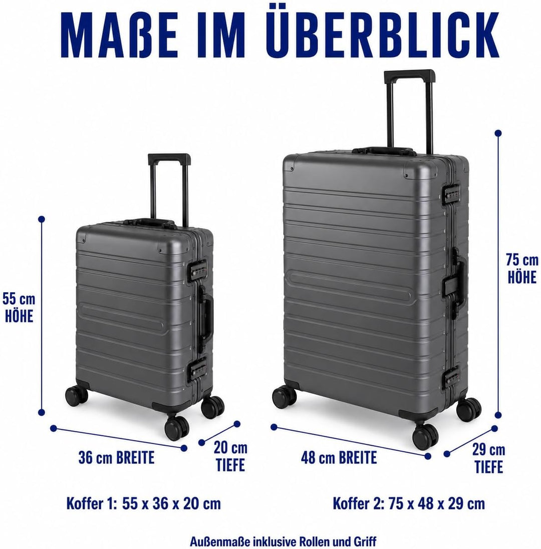Travelhouse Oslo Aluminium Koffer-Set - Handgepäck Vol. 39L & Check-in Aufgabegepäck Koffer Vol. 102