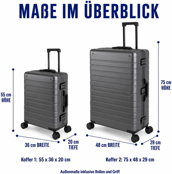 Travelhouse Oslo Aluminium Koffer-Set - Handgepäck Vol. 39L & Check-in Aufgabegepäck Koffer Vol. 102
