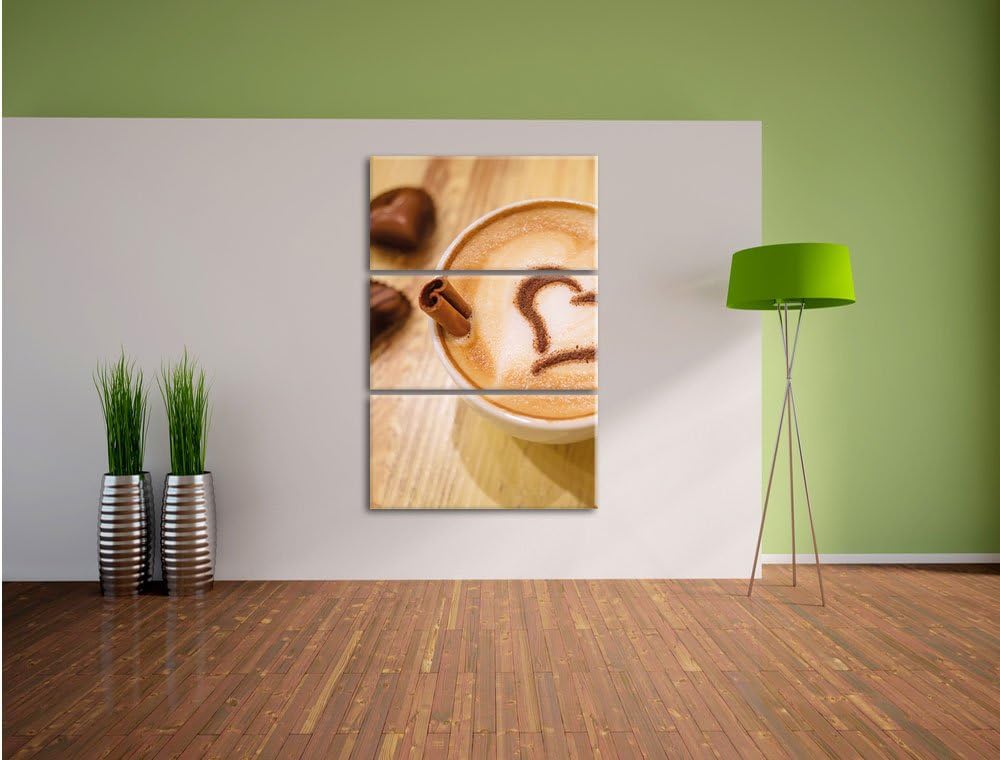 Pixxprint Kaffee Herz aus Schaum Cappucino als Leinwandbild | Grösse: 3 Teilig (120x80) | Wandbild|