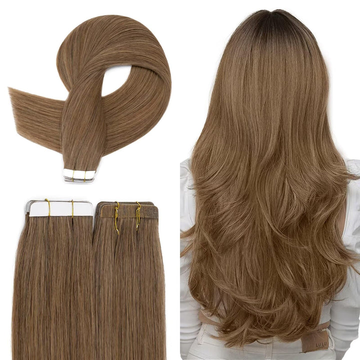 TESS Tape Extensions Echthaar 35 cm, Braun Tape Klebeband Haarverlängerung 20 pcs Glatt Braun Remy T