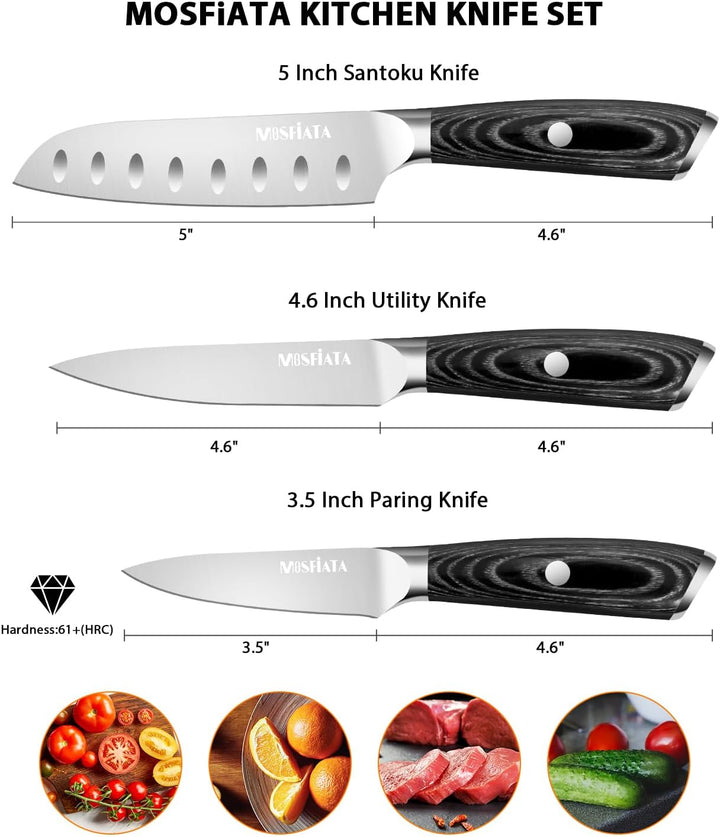 MOSFiATA Küchenmesser Set 3pcs-13 cm Allzweckmesser,13 cm Santoku Messer, 9 cm Schälmesser, Kochmess